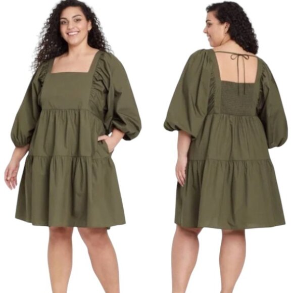 Target Dresses & Skirts - Target A New Day Puff Short Sleeve‎ Tiered Mini Dress Military Olive Green XXL